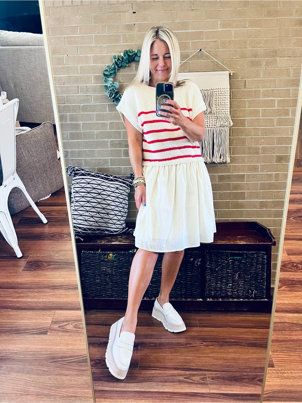 entro Cream Knit Midi Dress with Red Stripes